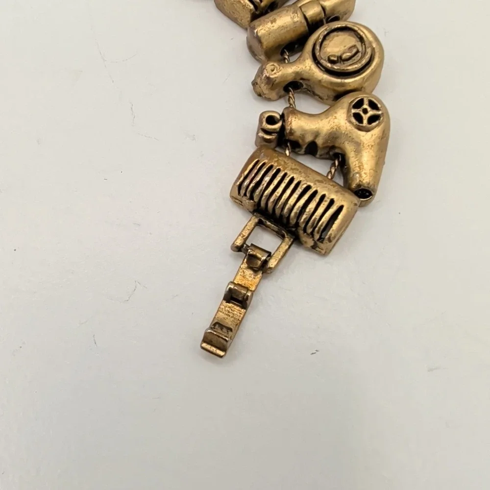 Vintage Gold Tone Hairdresser Salon Stylist Charm Bracelet Comb Mirror Dryer‎